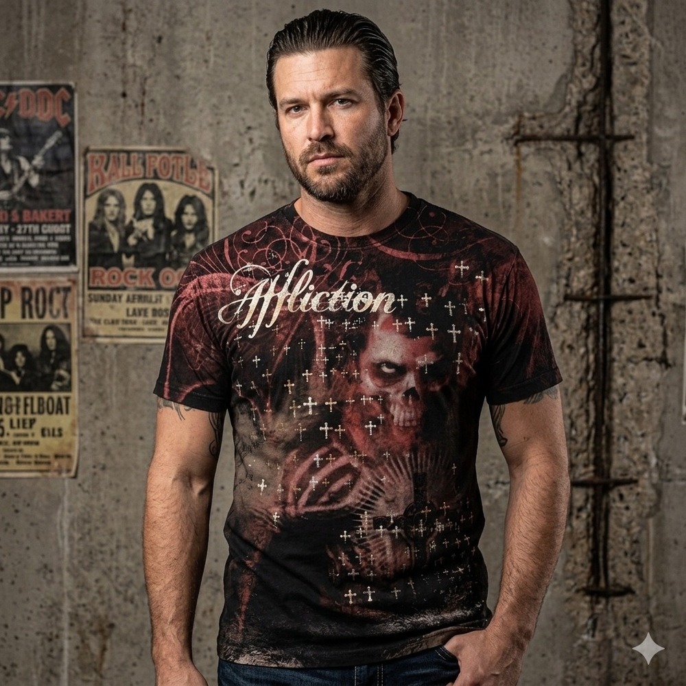 Affliction Mens Size Medium T-Shirt Skull Cross Graphic Red Black Y2K Grunge